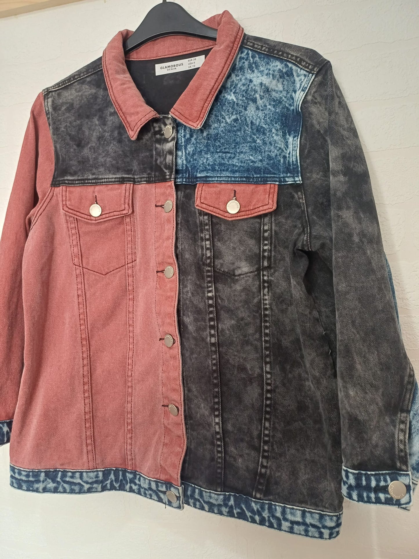 Women's Denim Jacket Glamorous Colour Block Pink Acid Wash & Blue Denim Panels Button Up Size 10 - Very Good Condition