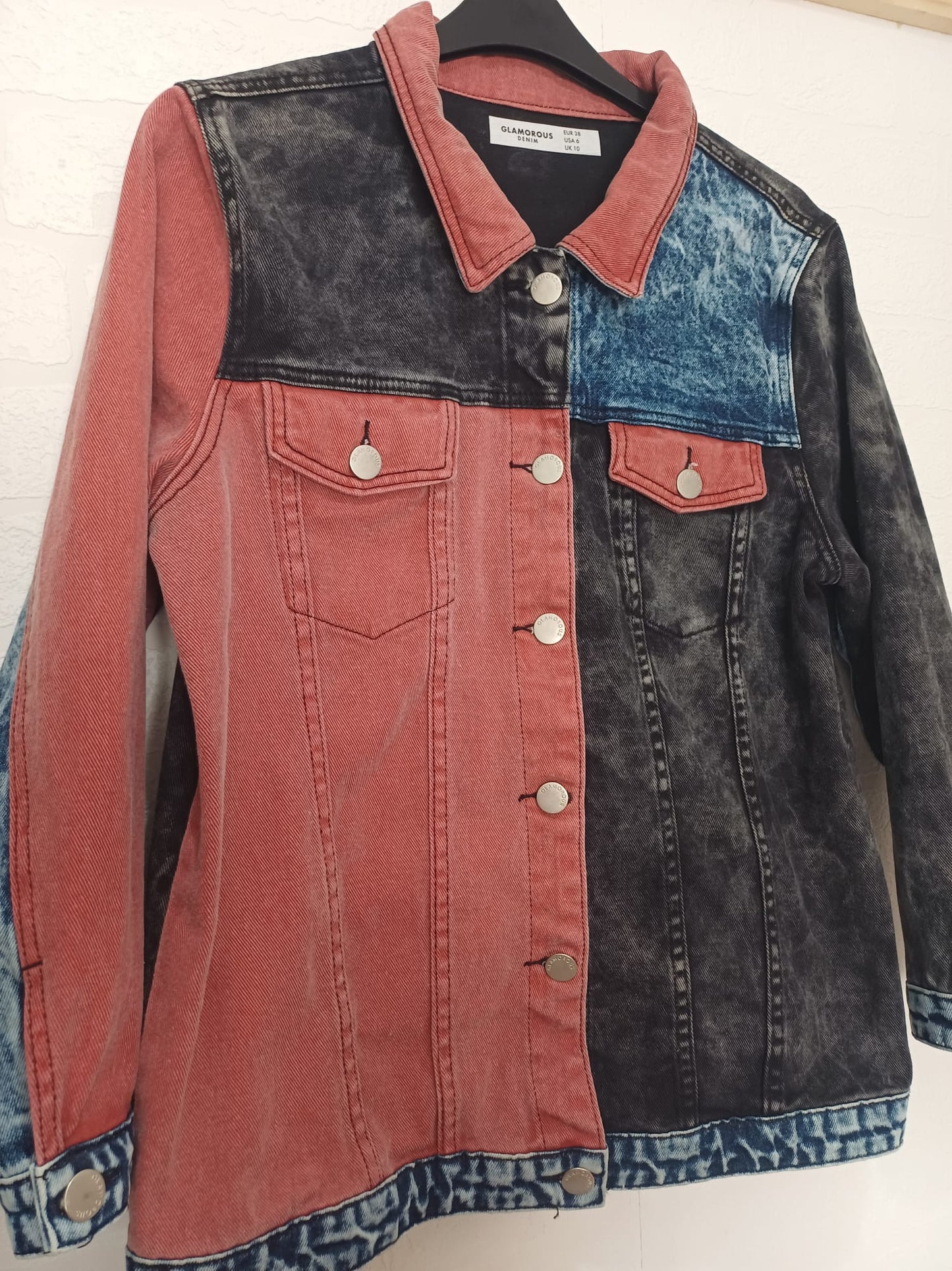 Women's Denim Jacket Glamorous Colour Block Pink Acid Wash & Blue Denim Panels Button Up Size 10 - Very Good Condition
