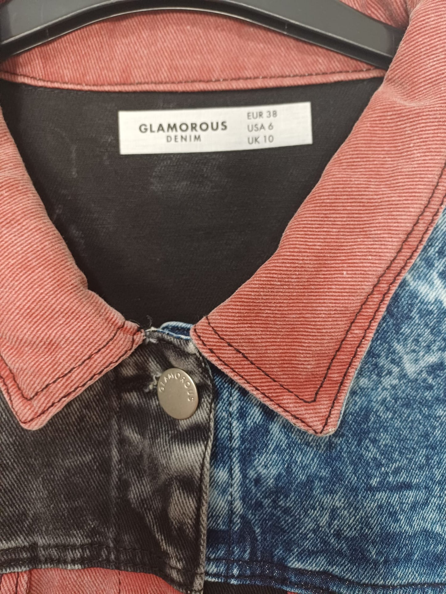 Women's Denim Jacket Glamorous Colour Block Pink Acid Wash & Blue Denim Panels Button Up Size 10 - Very Good Condition