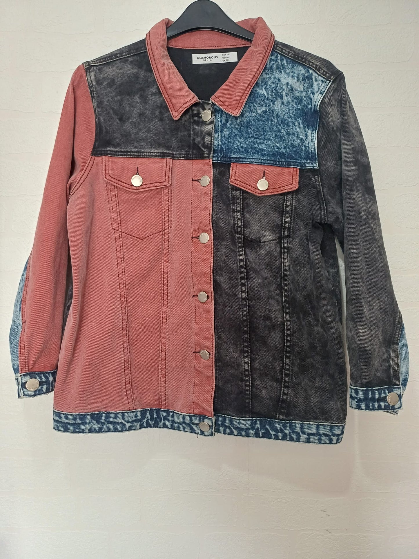 Women's Denim Jacket Glamorous Colour Block Pink Acid Wash & Blue Denim Panels Button Up Size 10 - Very Good Condition