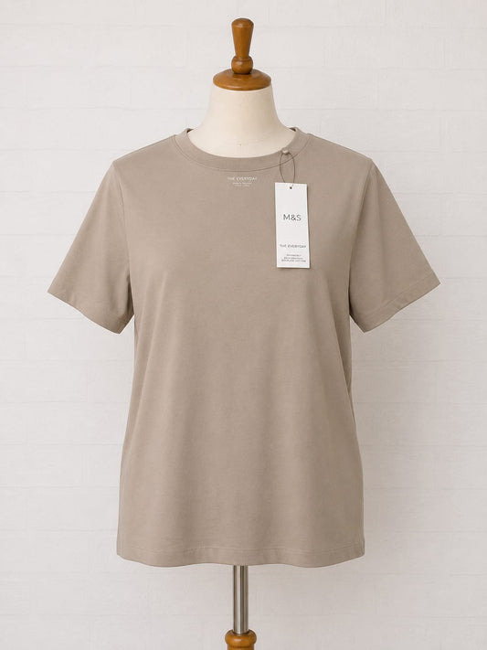 Women's T-Shirt M&S Beige The Everyday Crew Neck Short Sleeve Size 10 Approx. 17" PTP - Brand New With Tags