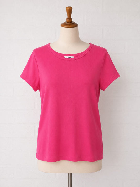 Women's T-Shirt M&S Pink Ribbed Short Sleeve Size 16 Approx. 17.5" PTP - New Without Tags