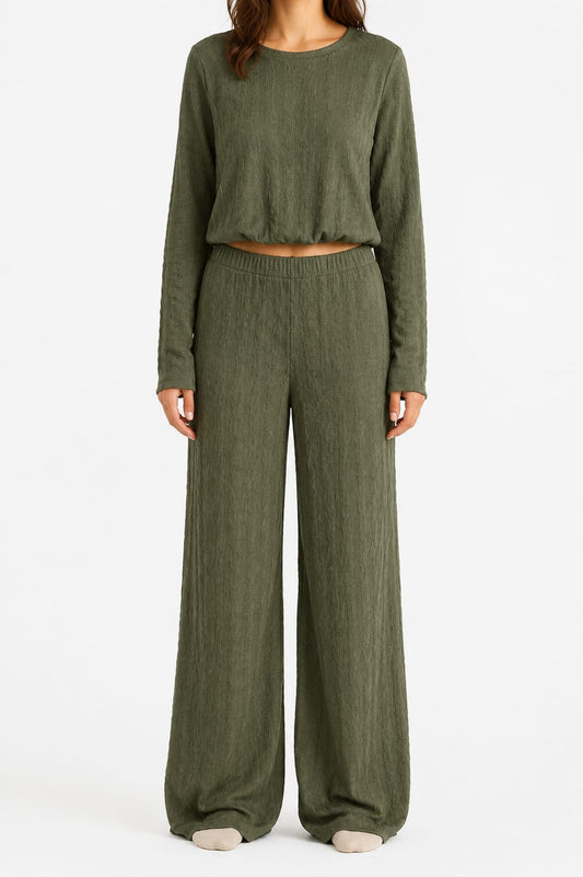 Women's Lounge Set Insta Girl Khaki Green Textured Long Sleeve Top & Wide Leg Trousers Co-Ord 2 Piece One Size - Brand New With Tags