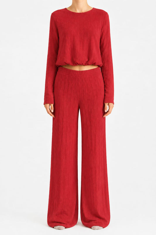 Women's Lounge Set Insta Girl Red Textured Long Sleeve Top & Wide Leg Trousers Co-Ord 2 Piece One Size - Brand New With Tags