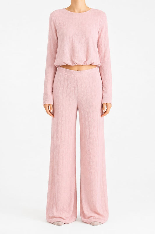 Women's Lounge Set Insta Girl Baby Pink Textured Long Sleeve Top & Wide Leg Trousers Co-Ord 2 Piece One Size - Brand New With Tags