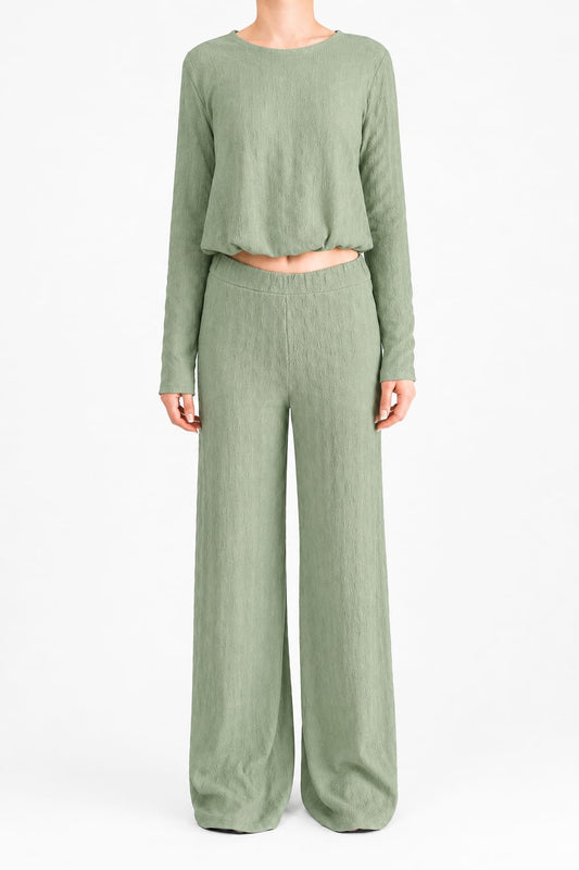 Women's Lounge Set Insta Girl Mint Green Textured Long Sleeve Top & Wide Leg Trousers Co-Ord 2 Piece One Size - Brand New With Tags