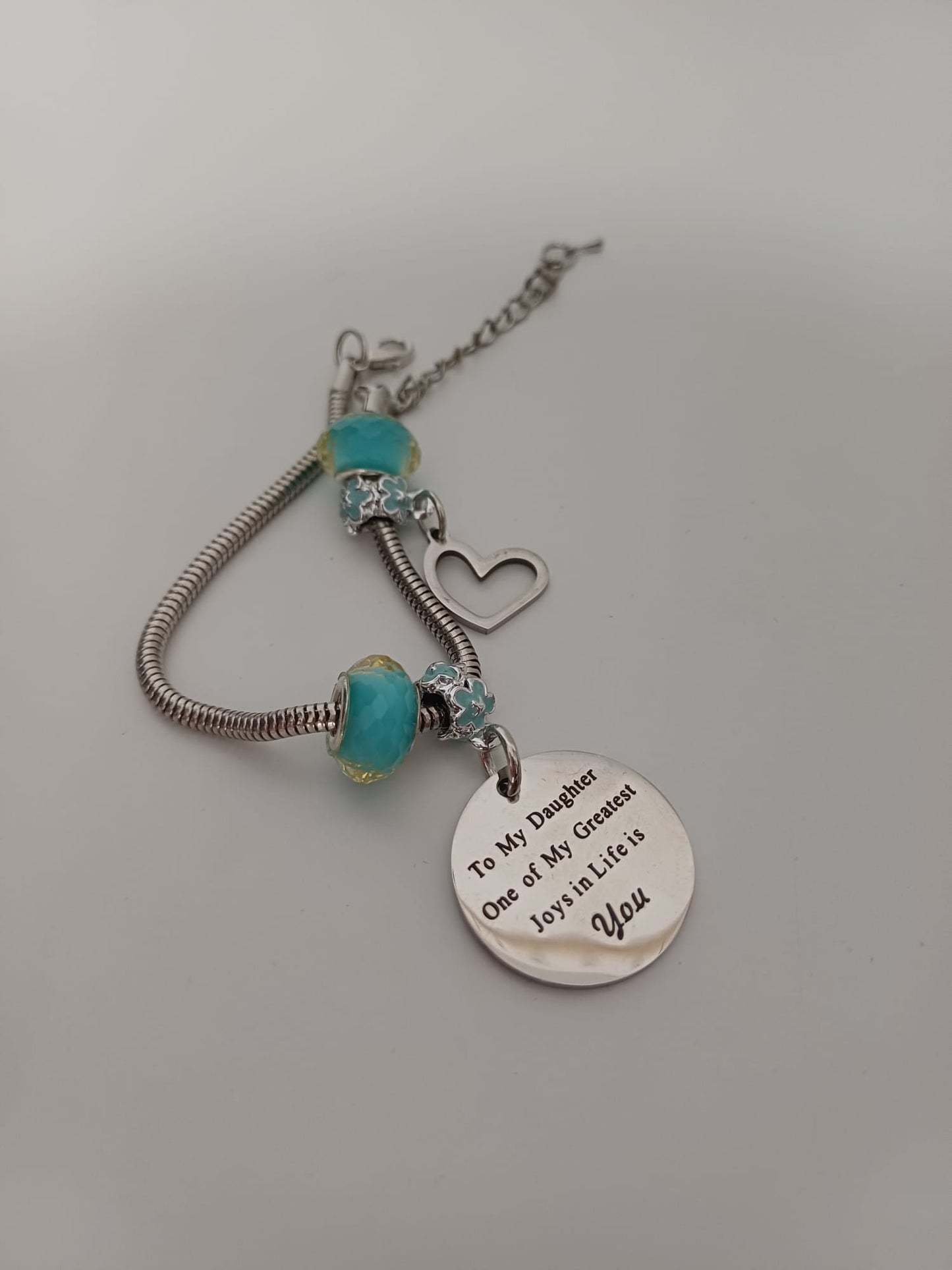 To My Daughter Silver Tone Charm Bracelet Blue Faceted Beads Heart Charm Engraved Pendant Gift Box - New