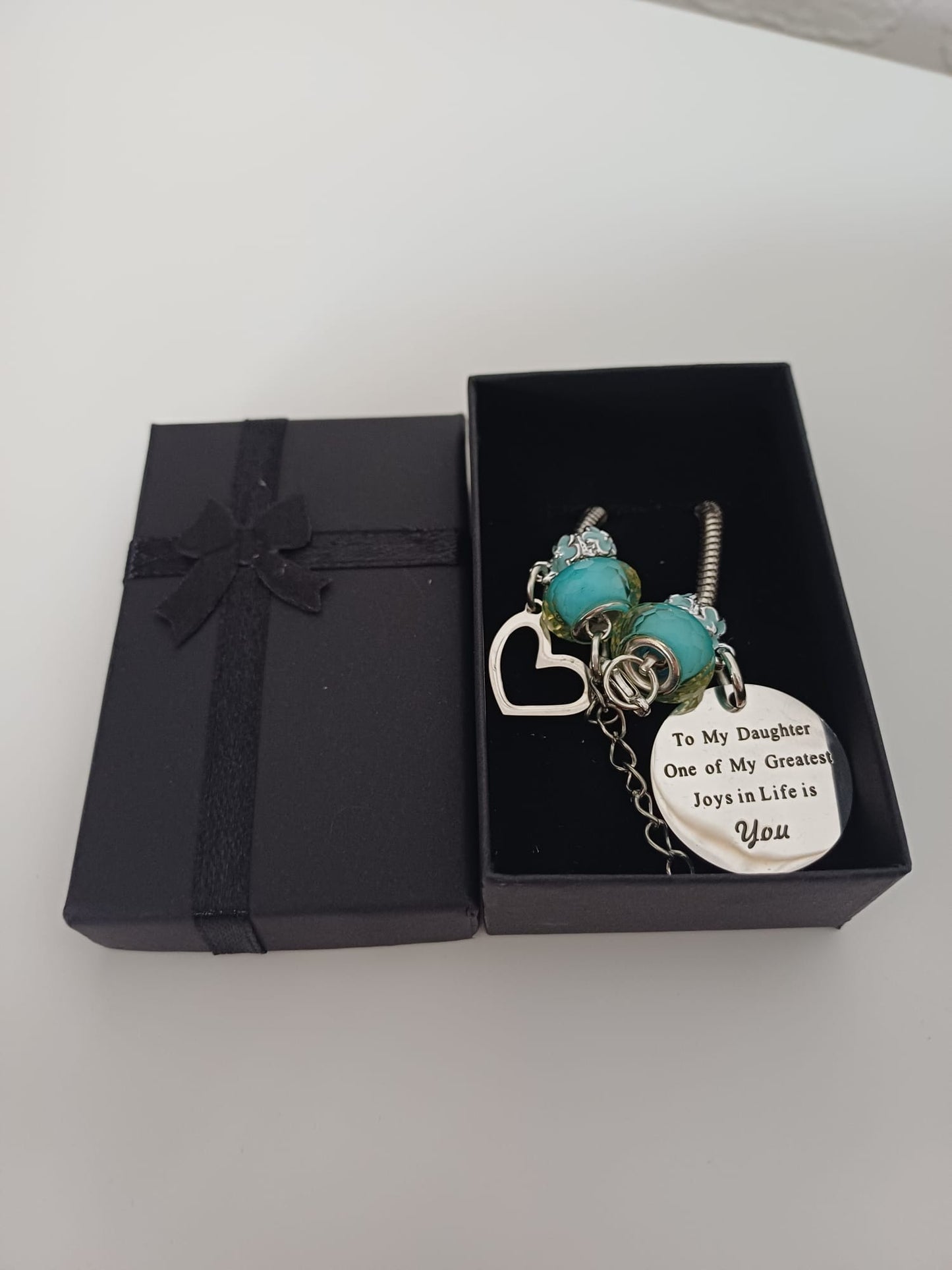To My Daughter Silver Tone Charm Bracelet Blue Faceted Beads Heart Charm Engraved Pendant Gift Box - New