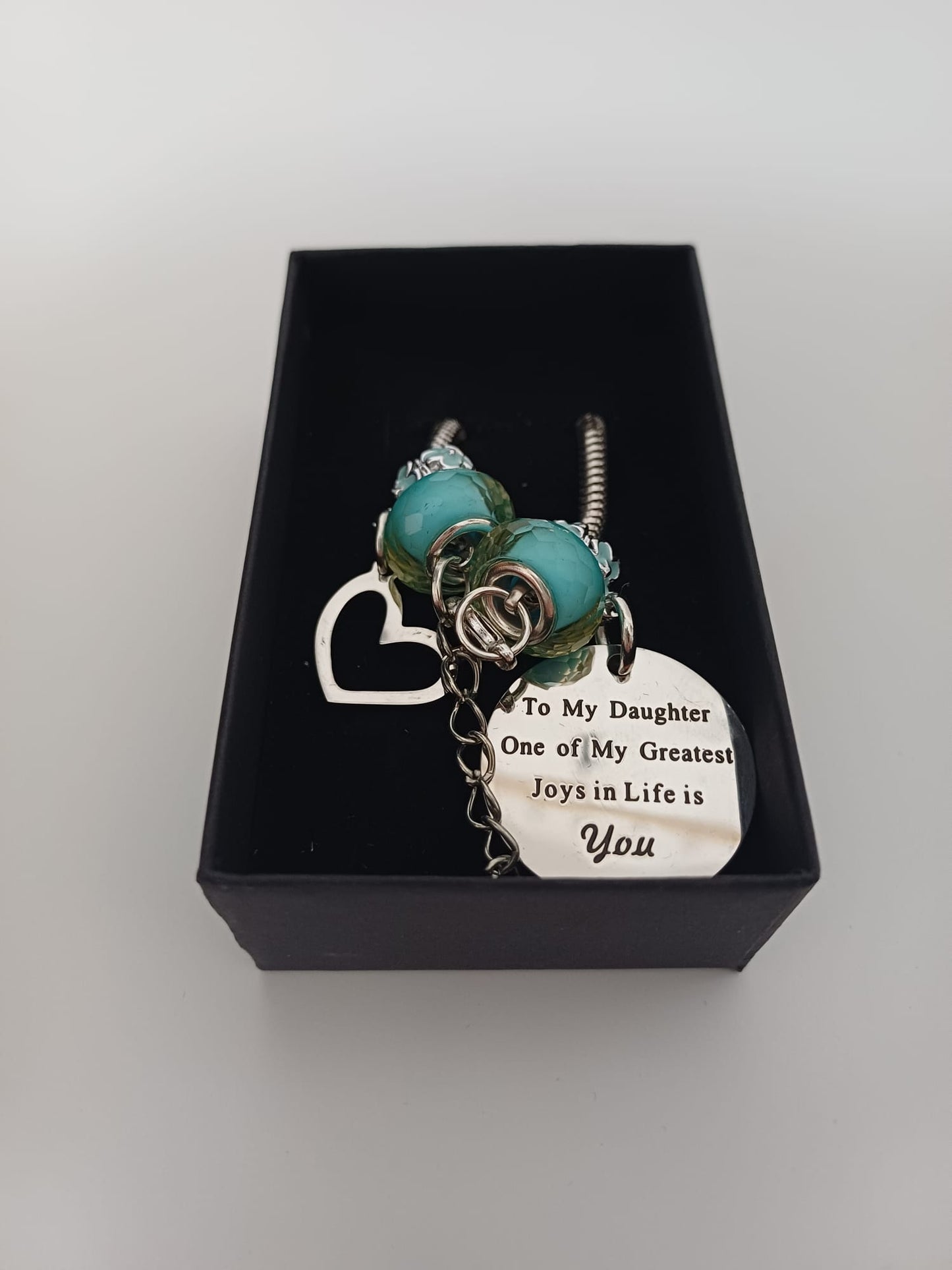 To My Daughter Silver Tone Charm Bracelet Blue Faceted Beads Heart Charm Engraved Pendant Gift Box - New