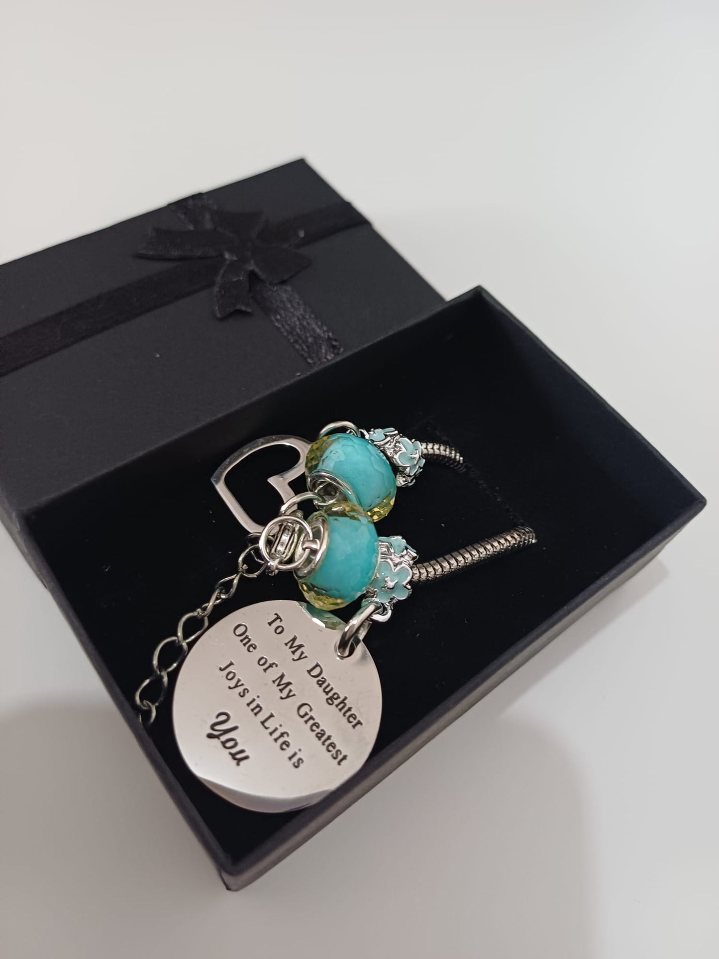 To My Daughter Silver Tone Charm Bracelet Blue Faceted Beads Heart Charm Engraved Pendant Gift Box - New