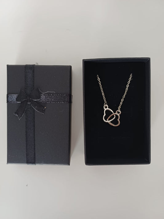 Women's Silver Tone Interlocking Double Heart Pendant Necklace Black Gift Box - New