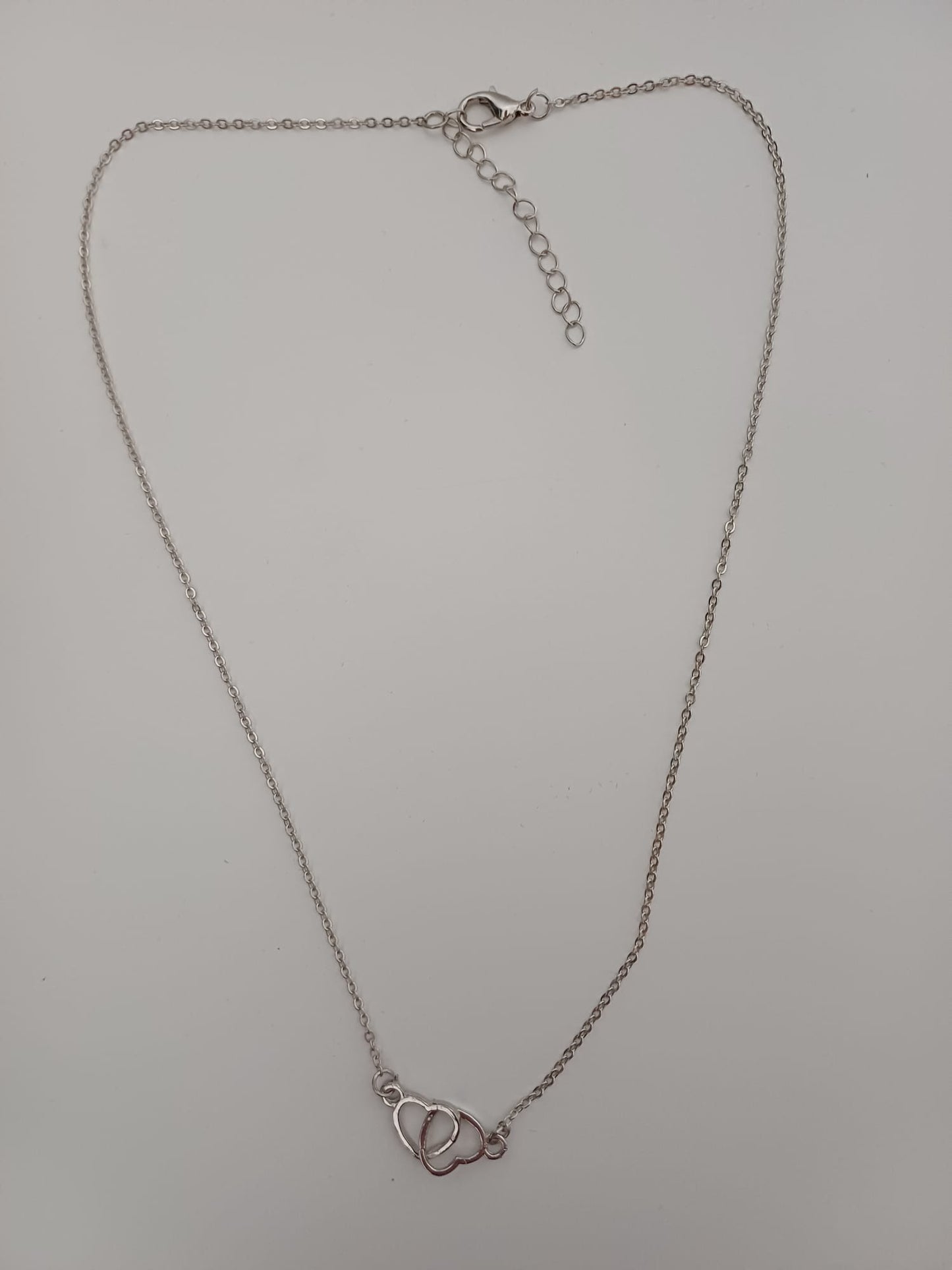 Silver Tone Interlocking Double Heart Pendant Necklace Black Gift Box - New