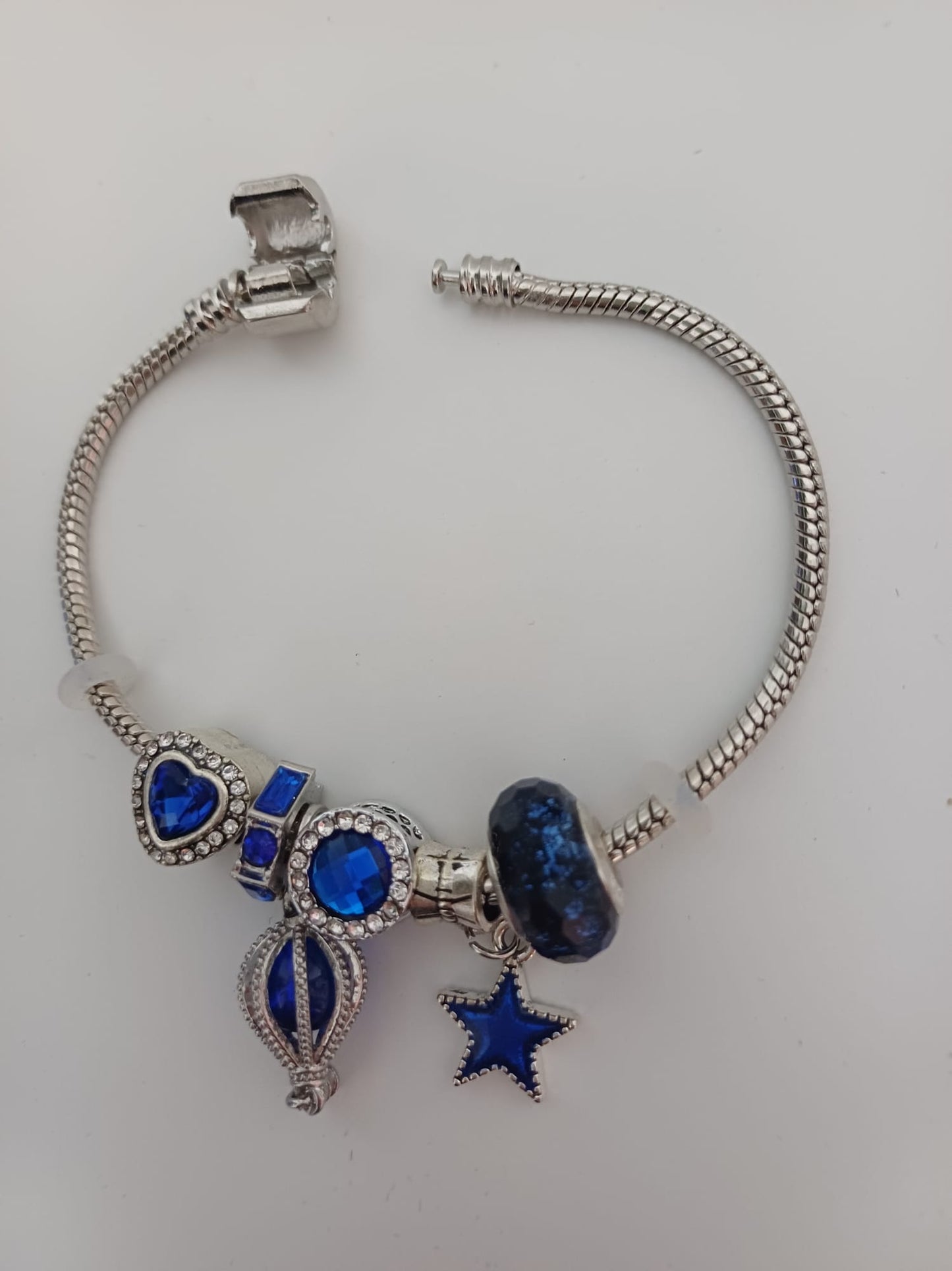 Silver Tone Blue Crystal Charm Bracelet Star Heart Hot Air Balloon Charms Gift Box - New