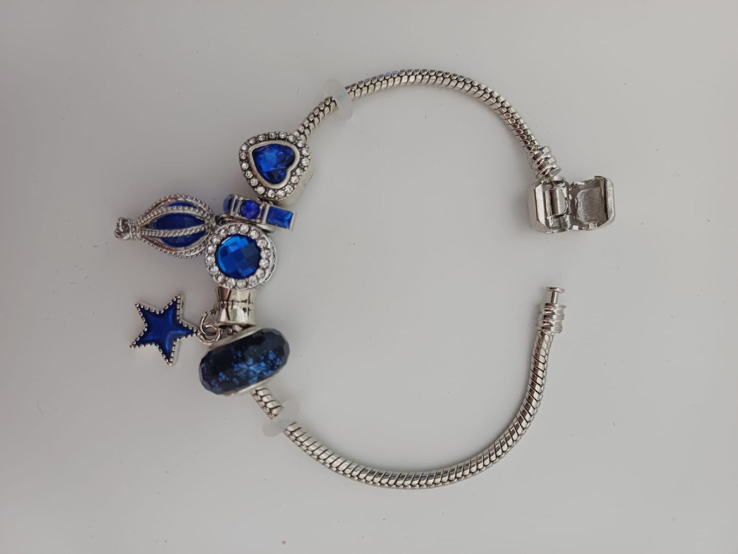 Silver Tone Blue Crystal Charm Bracelet Star Heart Hot Air Balloon Charms Gift Box - New