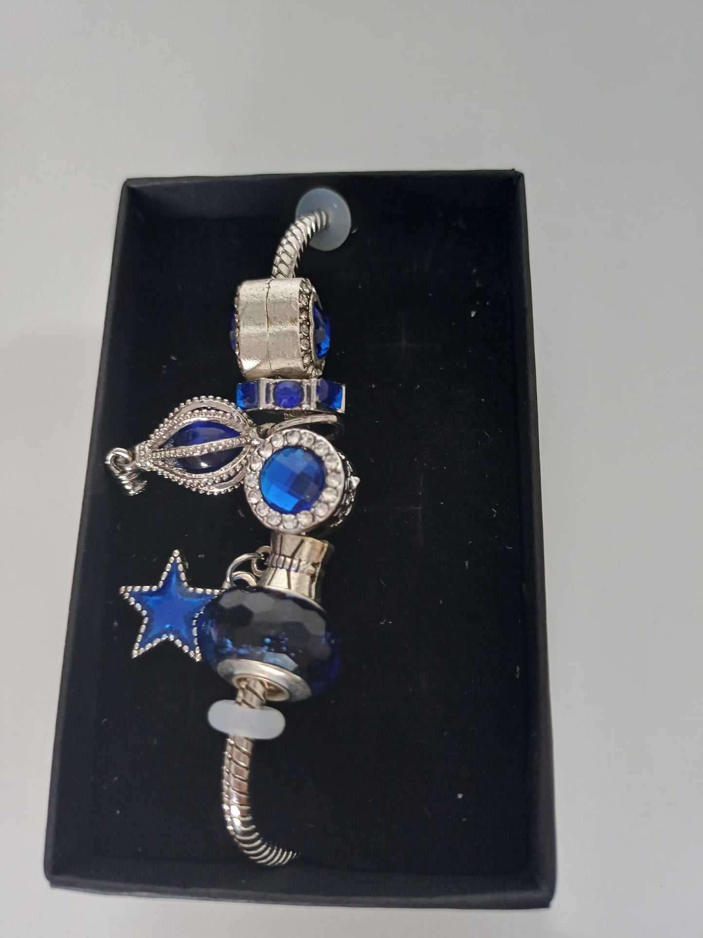Silver Tone Blue Crystal Charm Bracelet Star Heart Hot Air Balloon Charms Gift Box - New