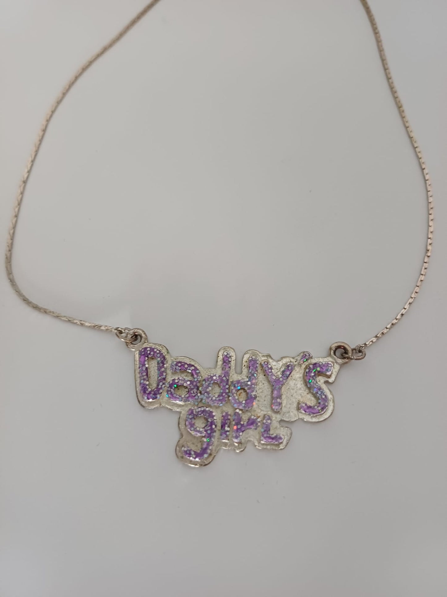 Women's Necklace Silver Tone Daddy's Girl Glitter Pendant Purple Approx. 38.5cm - Very Good Condition