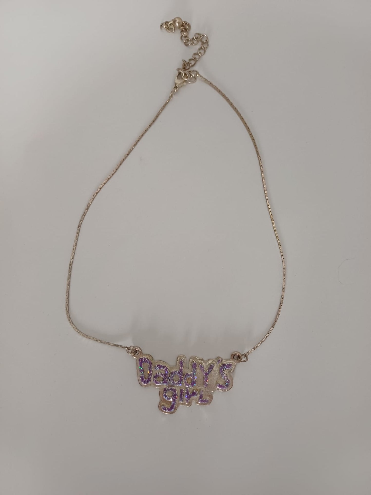 Women's Necklace Silver Tone Daddy's Girl Glitter Pendant Purple Approx. 38.5cm - Very Good Condition