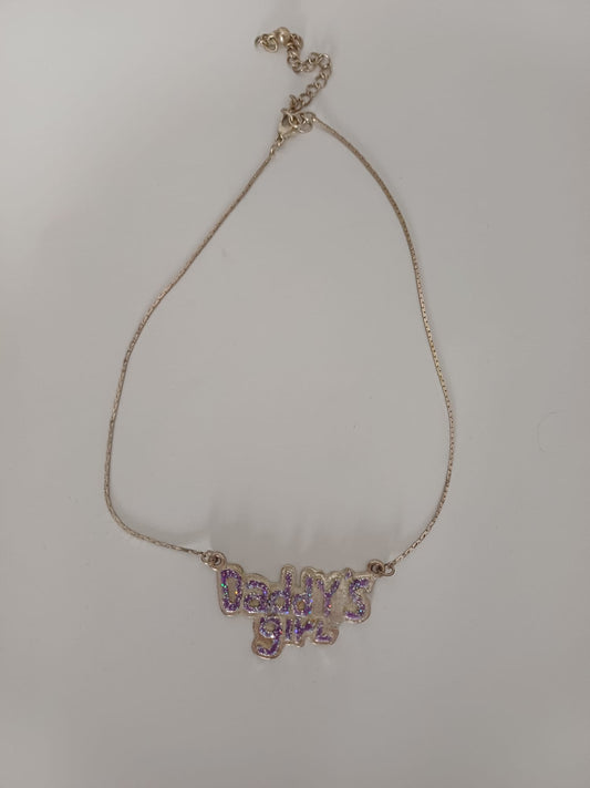 Women's Necklace Silver Tone Daddy's Girl Glitter Pendant Purple Approx. 38.5cm - Very Good Condition