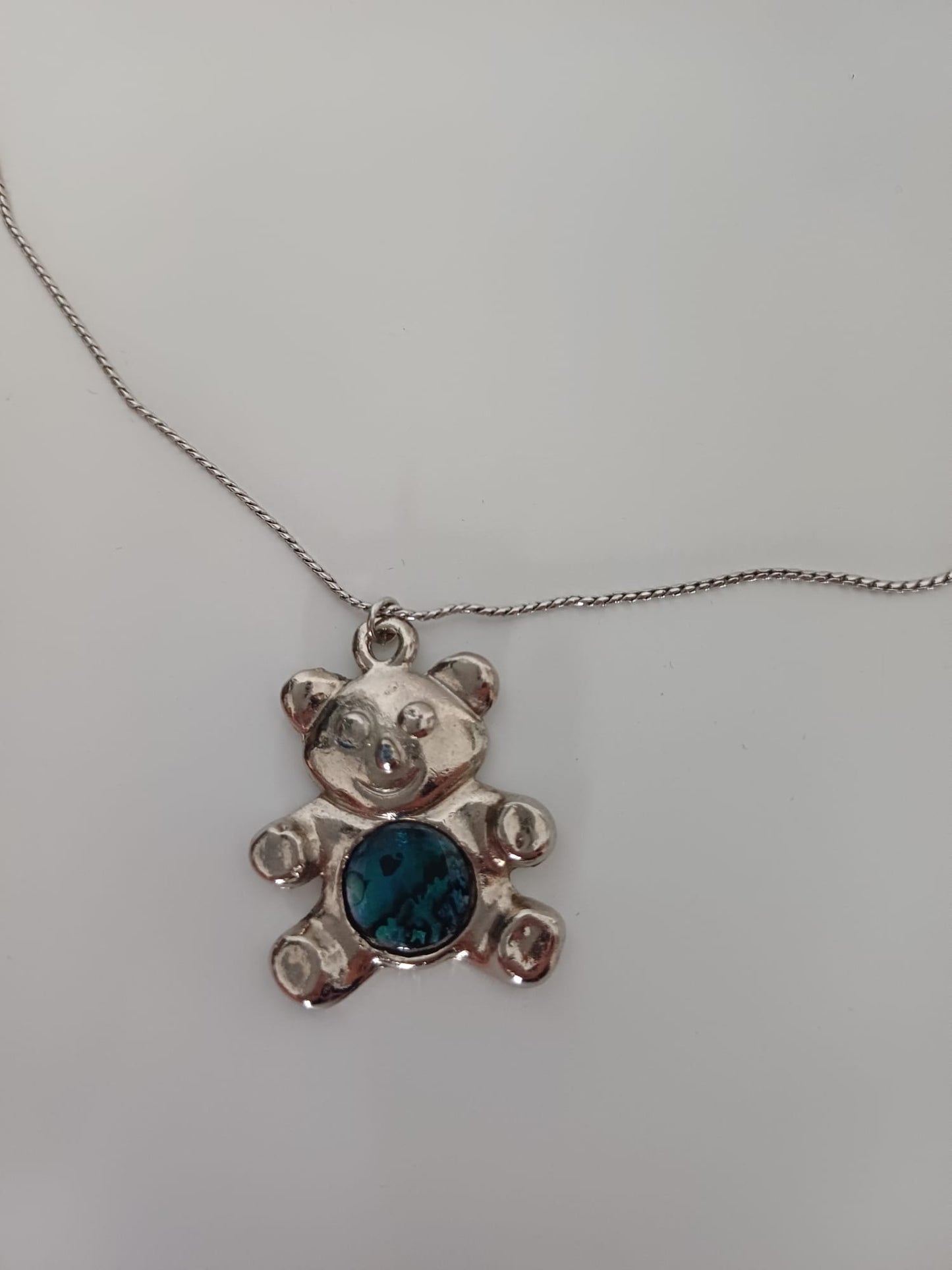 Women's Necklace Silver Tone Bear Pendant Blue Stone - Very Good Condition