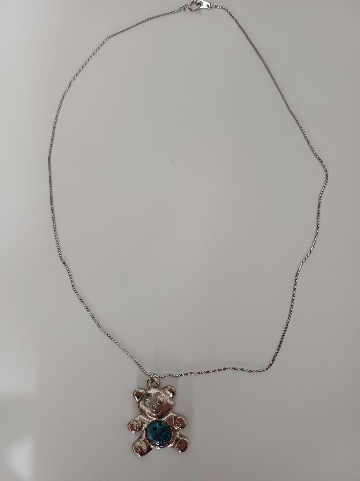 Women's Necklace Silver Tone Bear Pendant Blue Stone - Very Good Condition