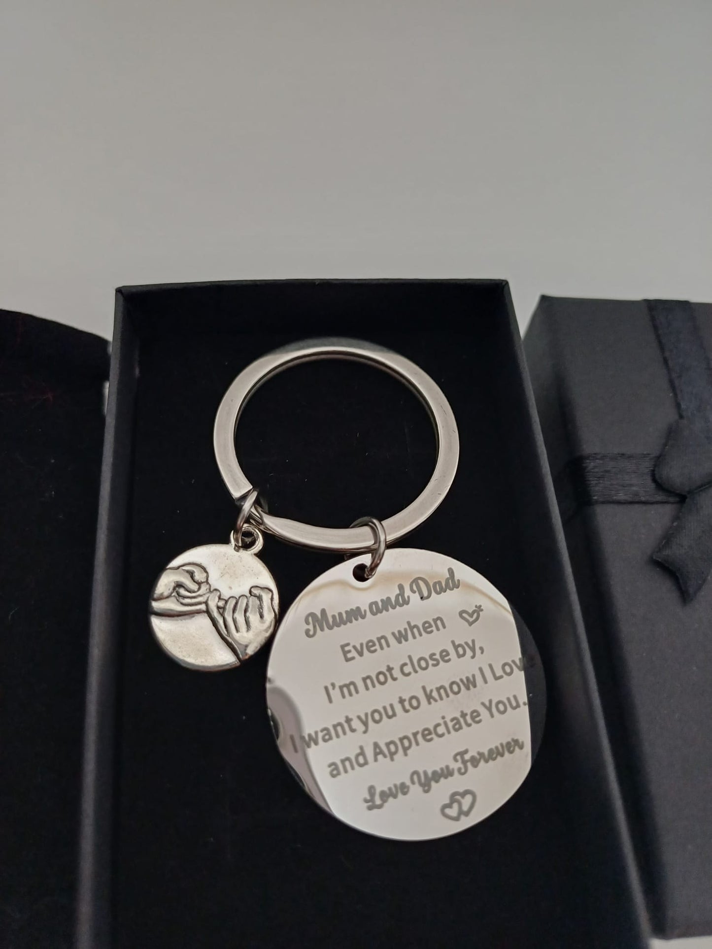 Mum & Dad Engraved Keyring Gift Set Stainless Steel with Hands Charm & Velvet Pouch