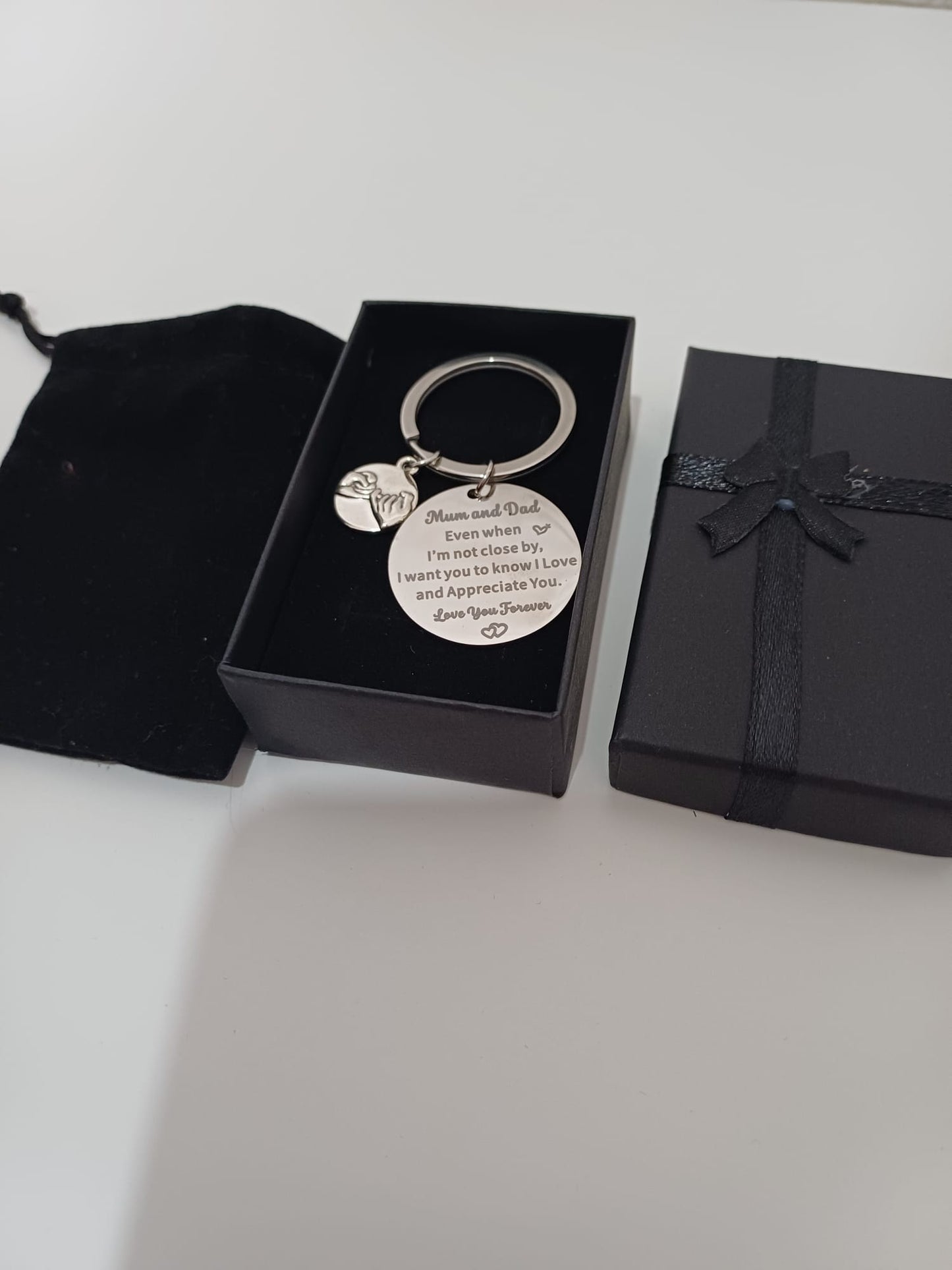 Mum & Dad Engraved Keyring Gift Set Stainless Steel with Hands Charm & Velvet Pouch