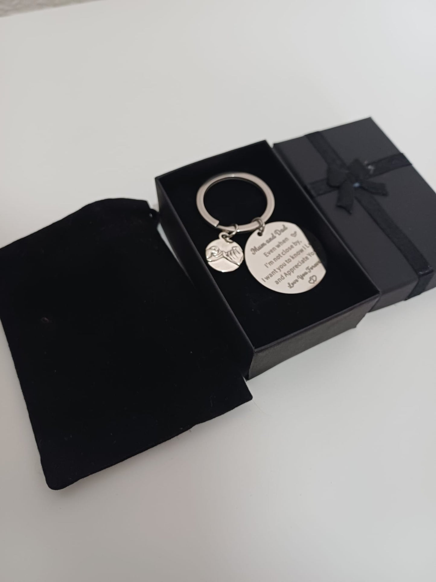Mum & Dad Engraved Keyring Gift Set Stainless Steel with Hands Charm & Velvet Pouch