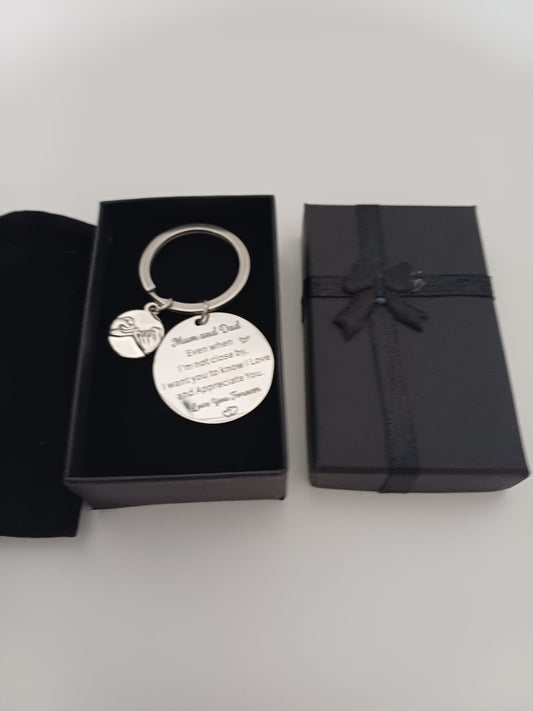 Mum & Dad Engraved Keyring Gift Set Stainless Steel with Hands Charm & Velvet Pouch
