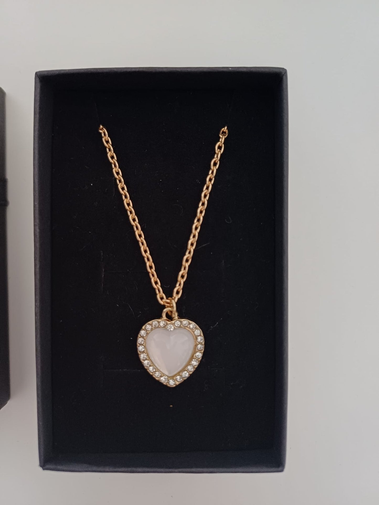 Rose Gold Tone White Heart Pendant Necklace Sparkling Crystal Surround with Gift Box - New