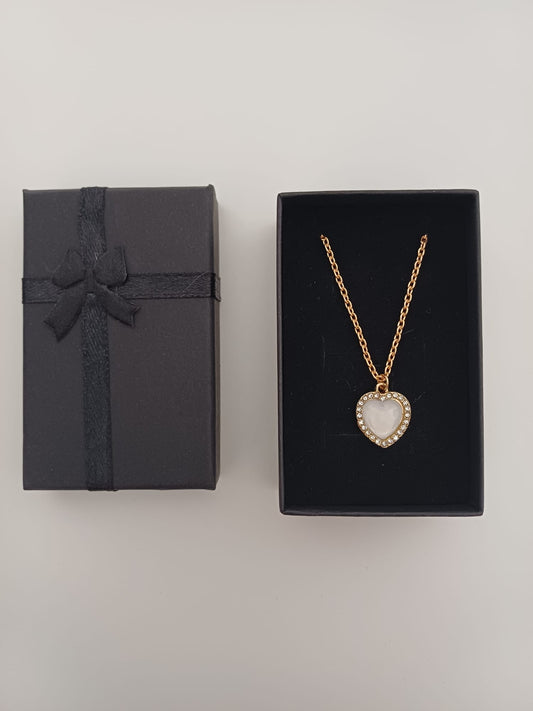 Women's Rose Gold Tone White Heart Pendant Necklace Sparkling Crystal Surround with Gift Box - New