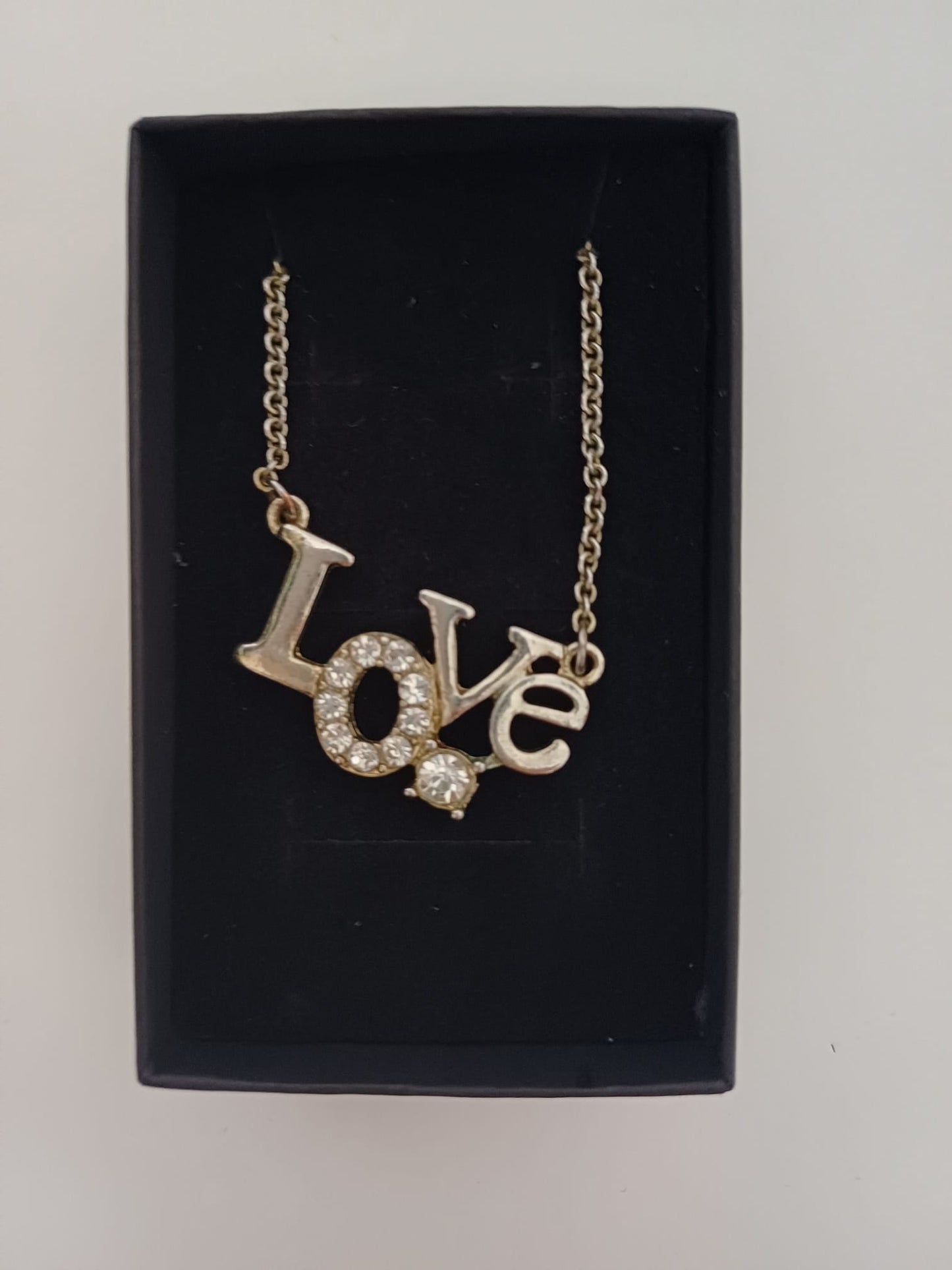 Women's Necklace Silver Tone Love Pendant Crystal Detail Gift Box Approx. 54cm - Very Good Condition