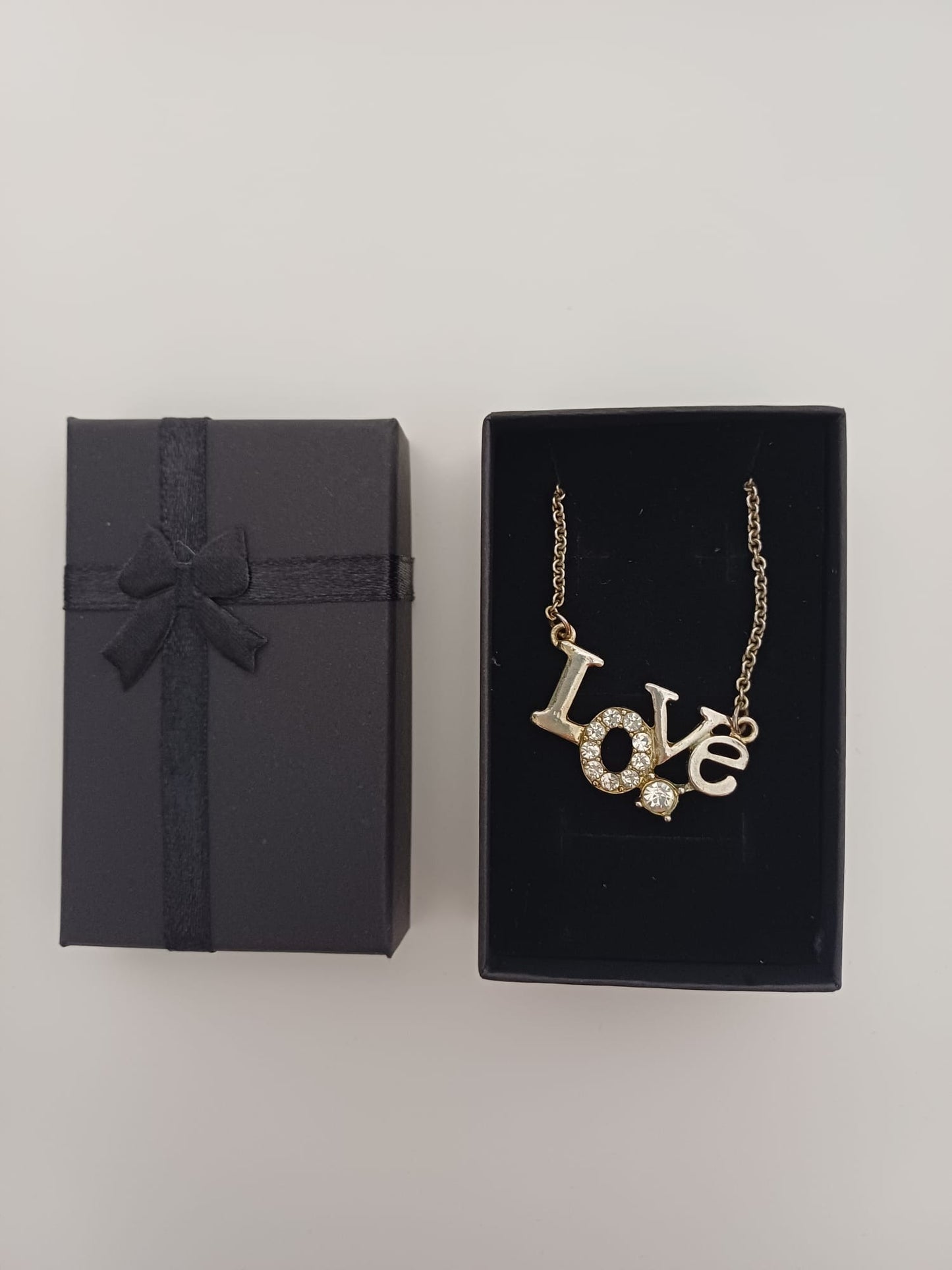 Women's Necklace Silver Tone Love Pendant Crystal Detail Gift Box Approx. 54cm - Very Good Condition