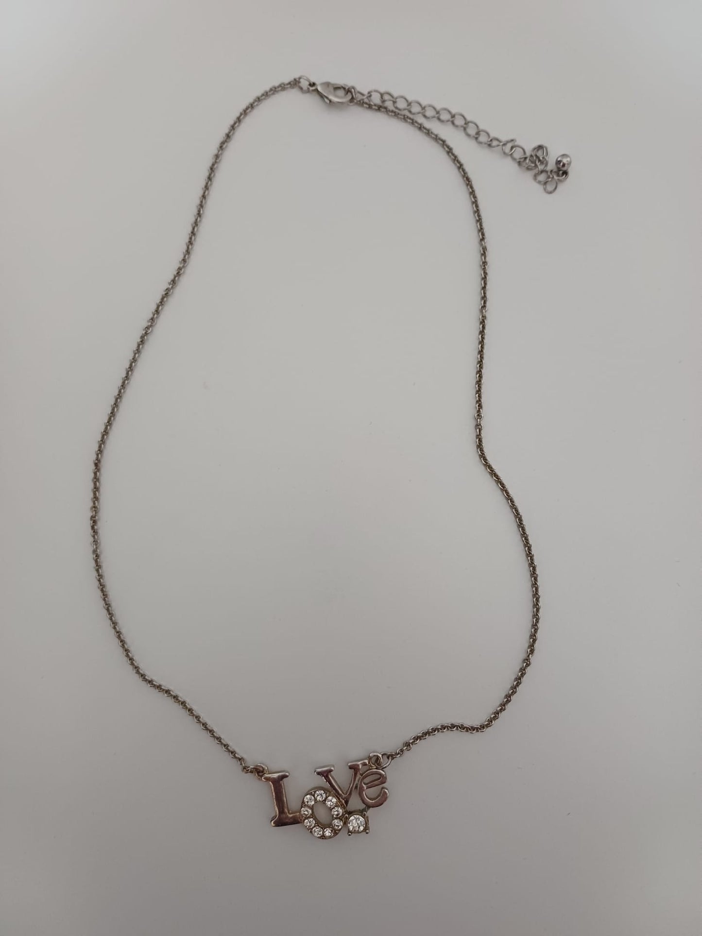 Women's Necklace Silver Tone Love Pendant Crystal Detail Gift Box Approx. 54cm - Very Good Condition