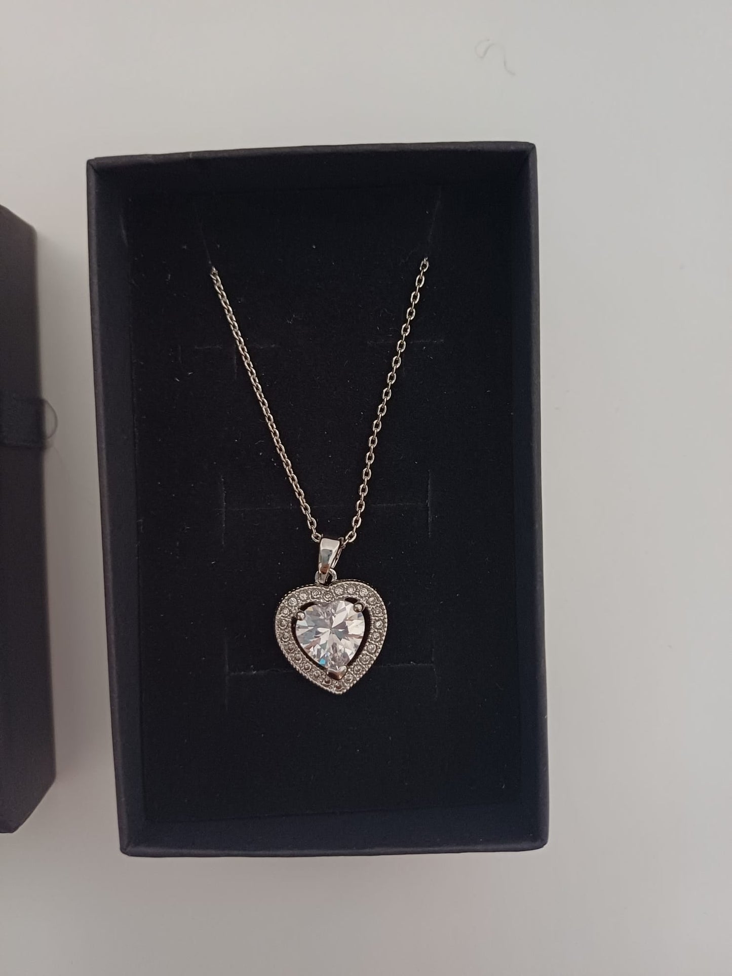 Silver Tone Heart Crystal Pendant Necklace Sparkling Halo Surround Nickel Free with Gift Box - New