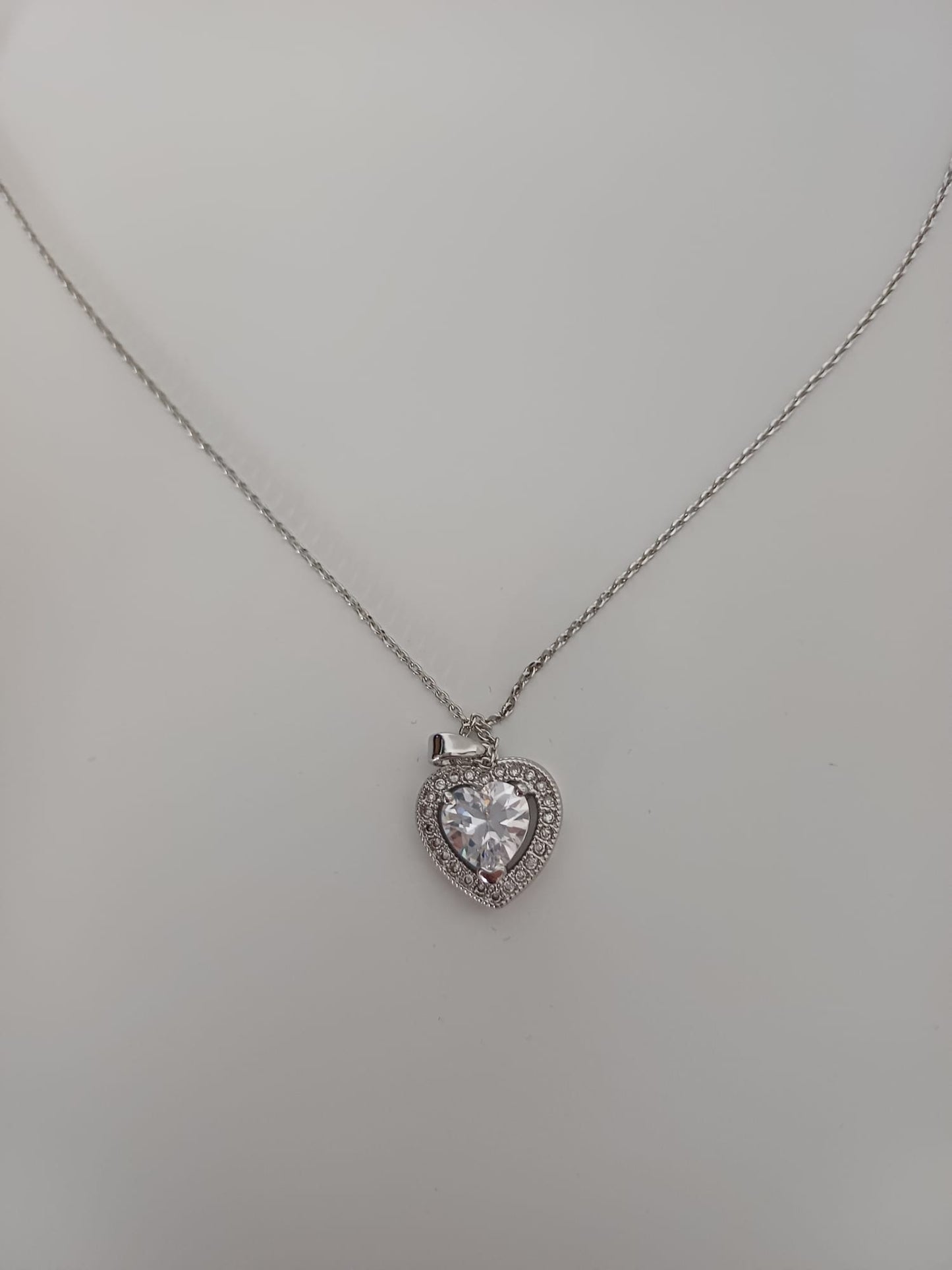 Silver Tone Heart Crystal Pendant Necklace Sparkling Halo Surround Nickel Free with Gift Box - New