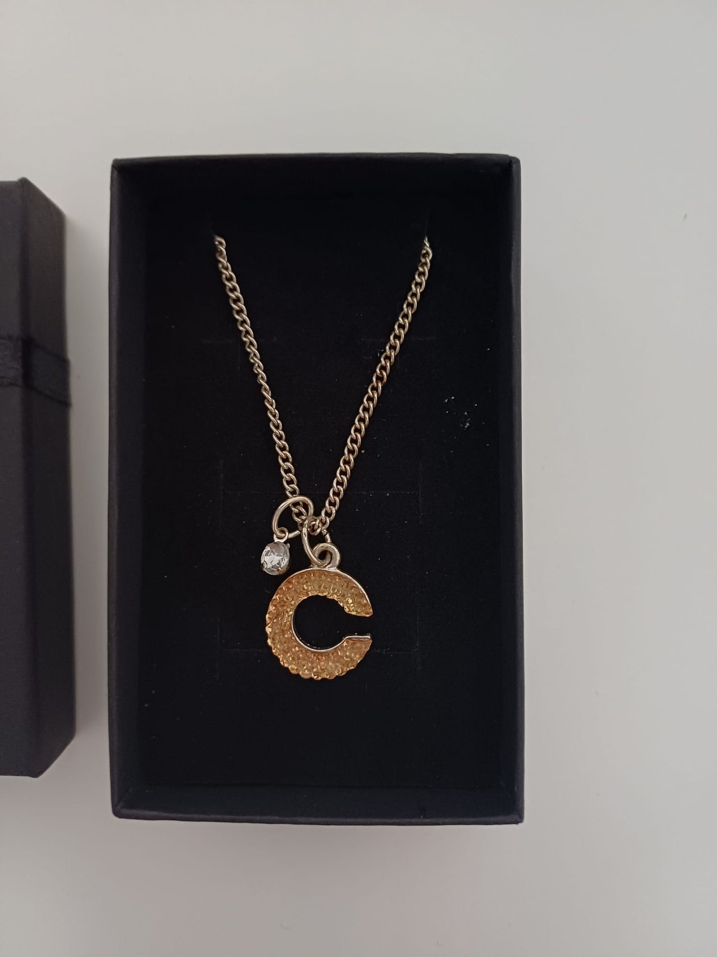 Women's Necklace Rose Gold Tone Initial C Pendant Crystal Charm Adjustable Gift Box Approx. 47.5cm - Very Good Condition