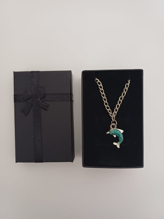 Women's Necklace Silver Tone Blue Glitter Dolphin Pendant Gift Box Approx. 44cm - New