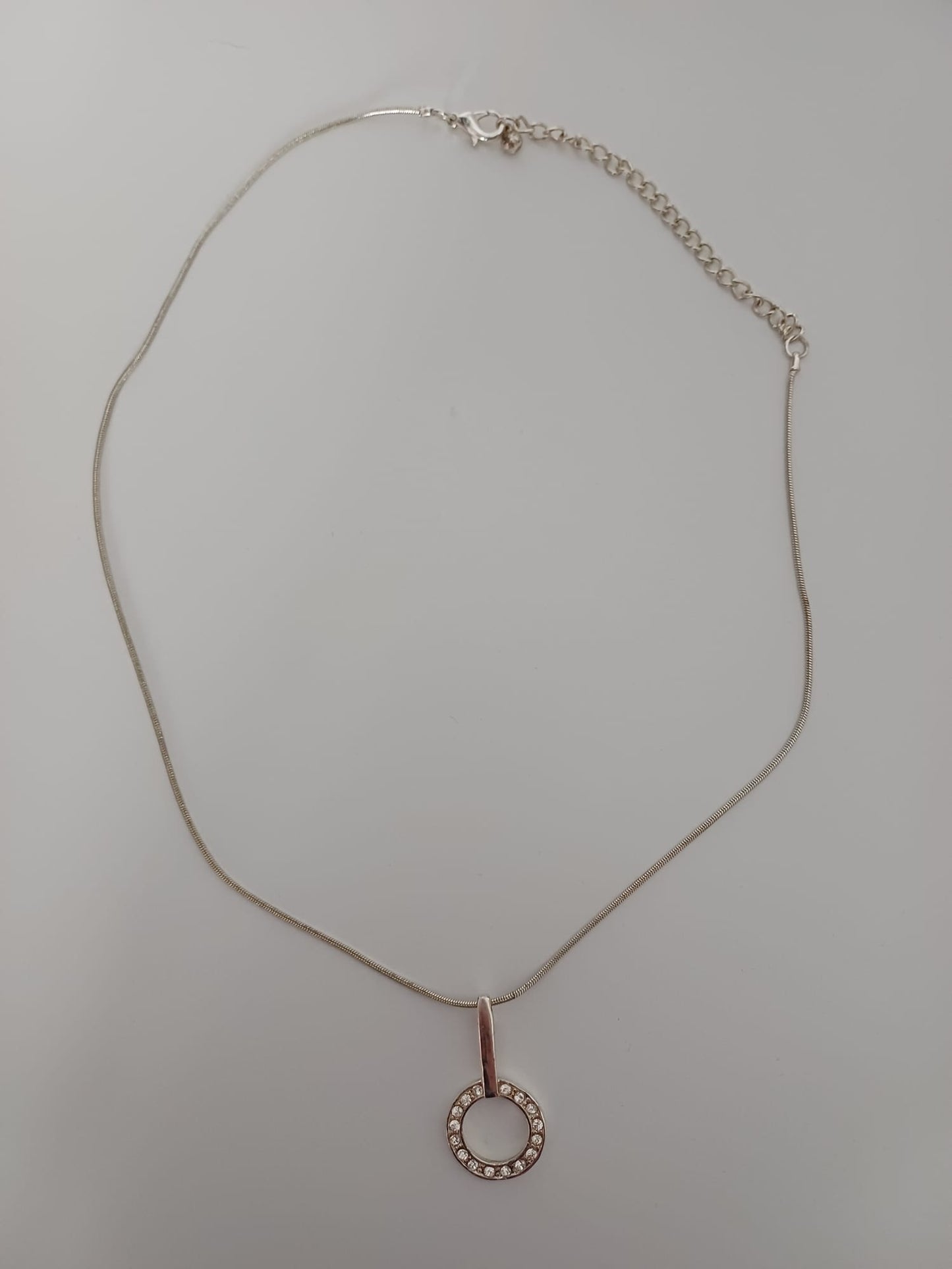 Women's Silver Tone Crystal Circle Pendant Necklace 50cm - Very Good Condition