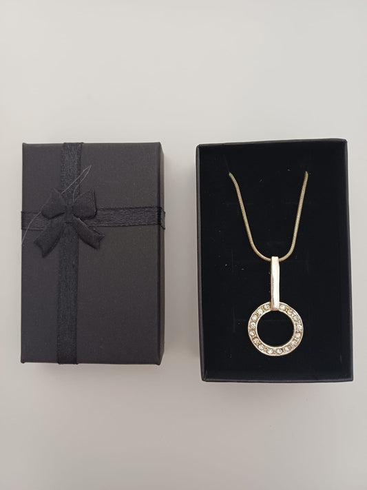 Women's Silver Tone Crystal Circle Pendant Necklace 50cm - Very Good Condition