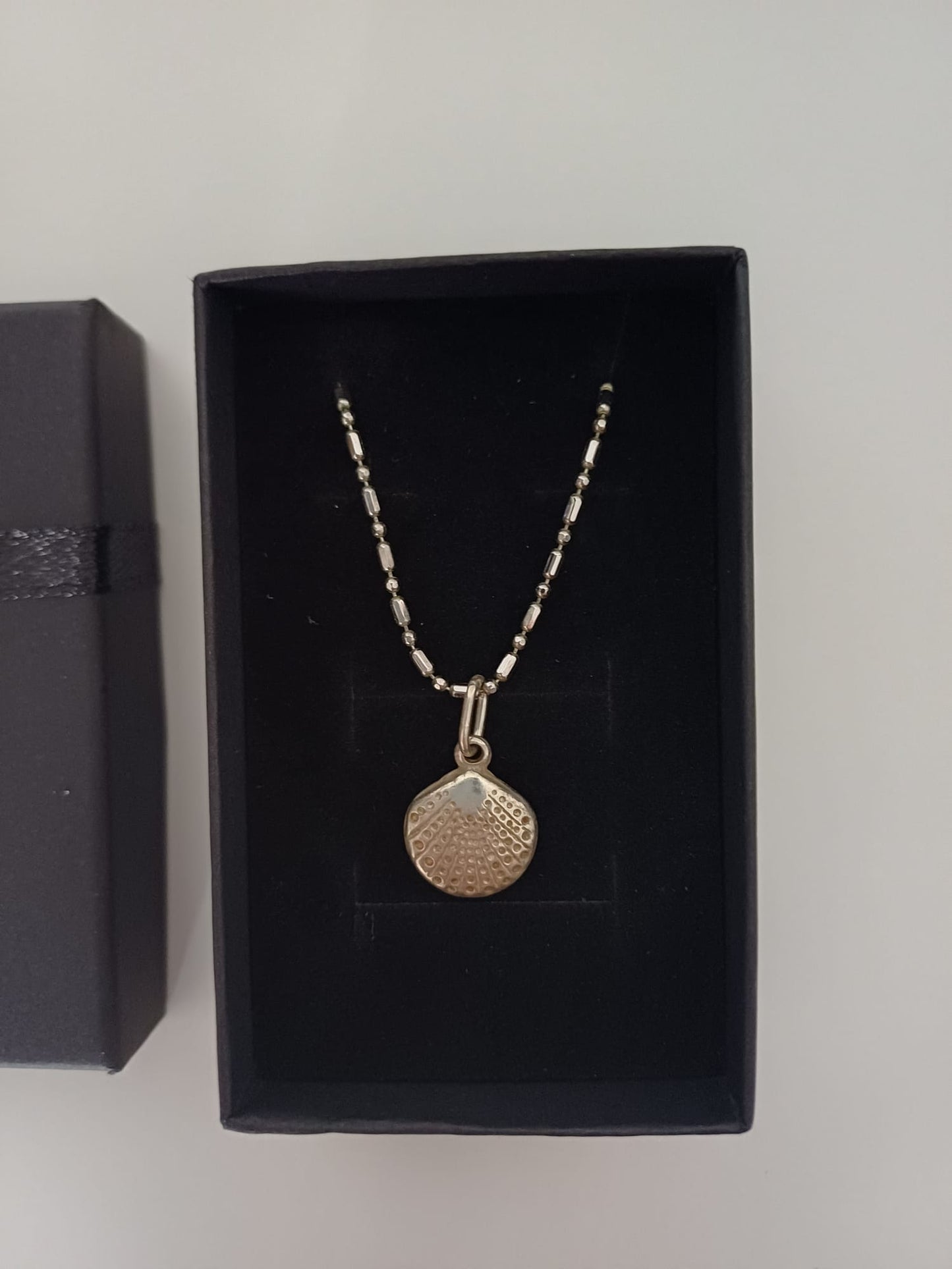 Silver Tone Textured Shell Shape Pendant Necklace with Gift Box - Good Condition