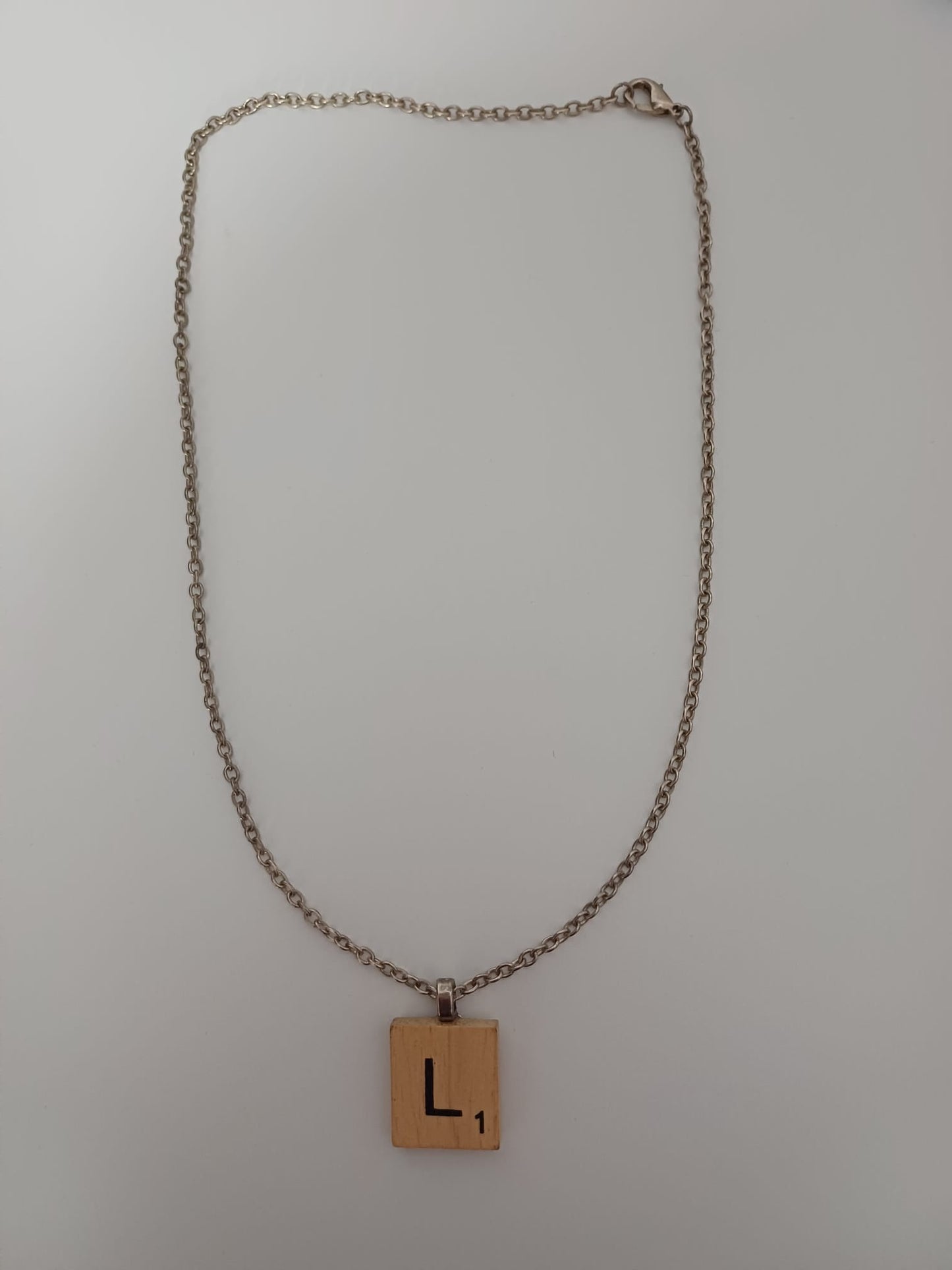 Wooden Scrabble Letter L Pendant Necklace Silver Tone with Gift Box - Very Good Condition