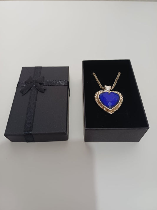 Women's Necklace Silver Tone Blue Faceted Heart Pendant Gift Box Approx. 46cm - New