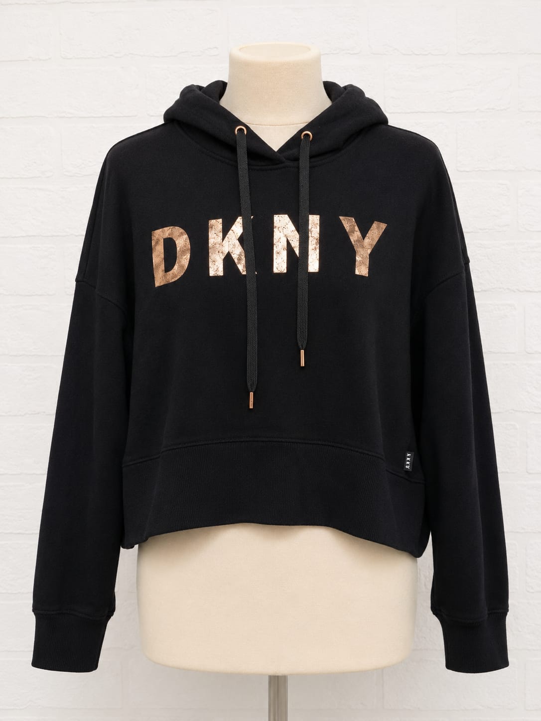 Women's Cropped Hoodie DKNY Black Rose Gold Logo Large Approx. 23" PTP - Very Good Condition