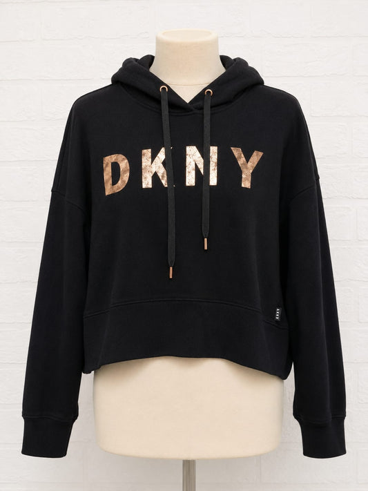 Women's Cropped Hoodie DKNY Black Rose Gold Logo Large Approx. 23" PTP - Very Good Condition