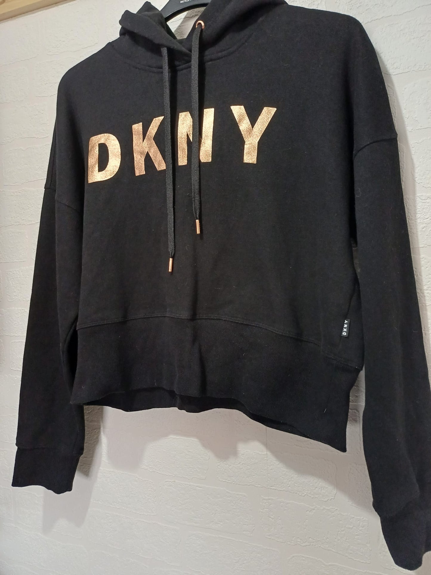 Women's Cropped Hoodie DKNY Black Rose Gold Logo Large Approx. 23" PTP - Very Good Condition