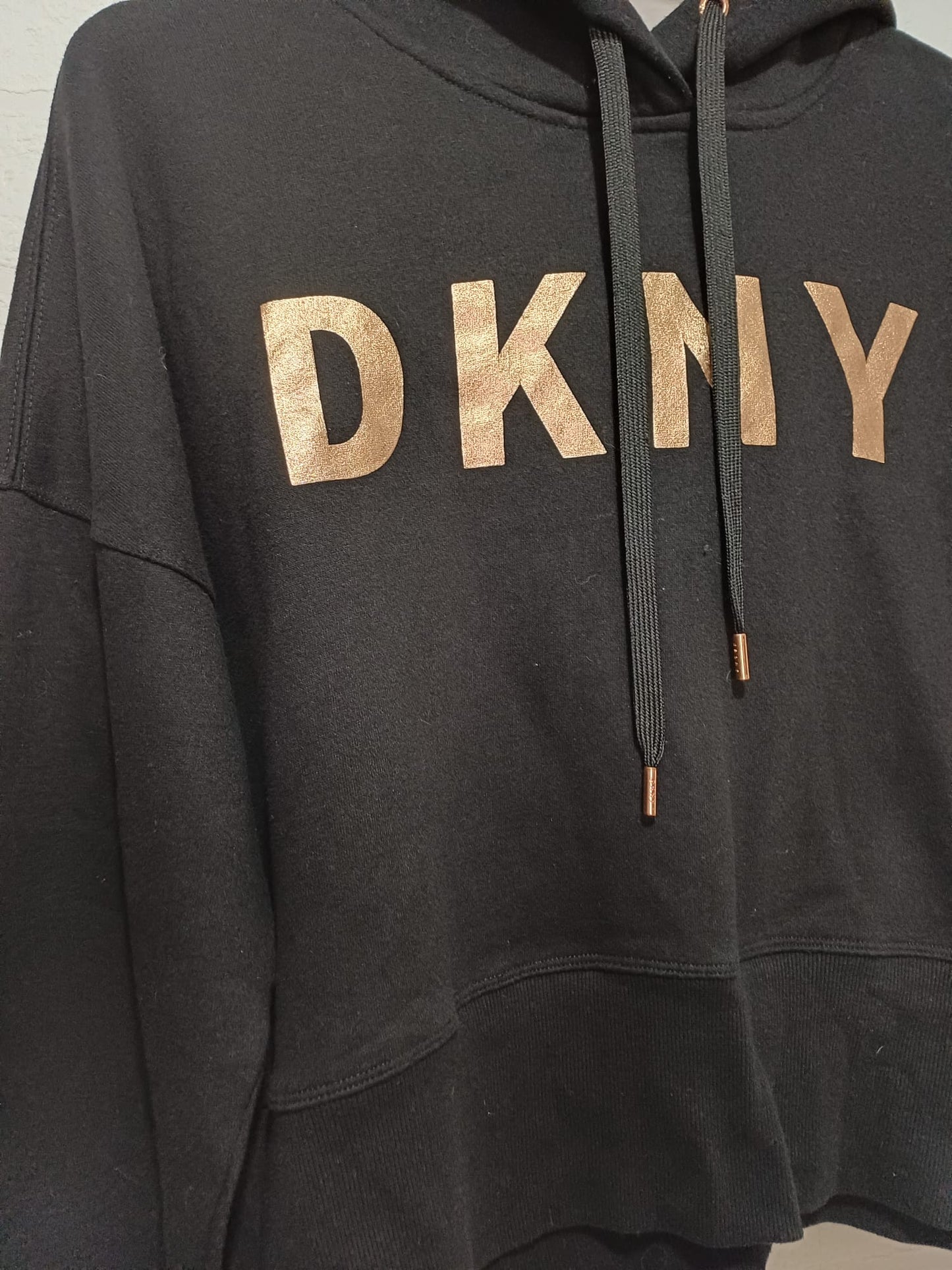 Women's Cropped Hoodie DKNY Black Rose Gold Logo Large Approx. 23" PTP - Very Good Condition