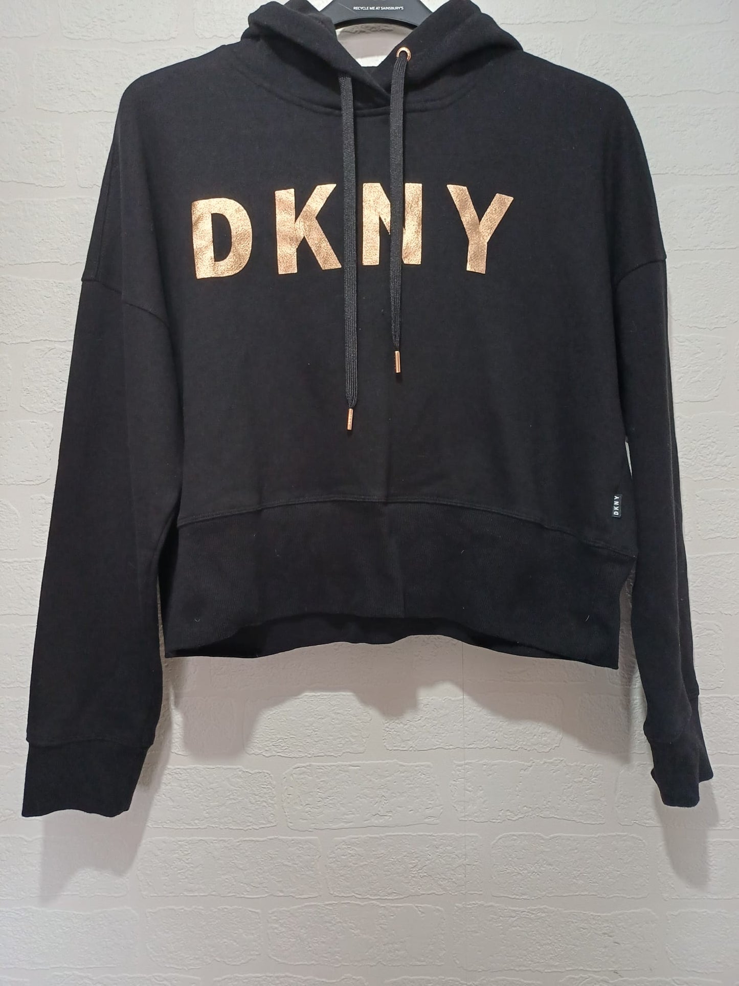 Women's Cropped Hoodie DKNY Black Rose Gold Logo Large Approx. 23" PTP - Very Good Condition