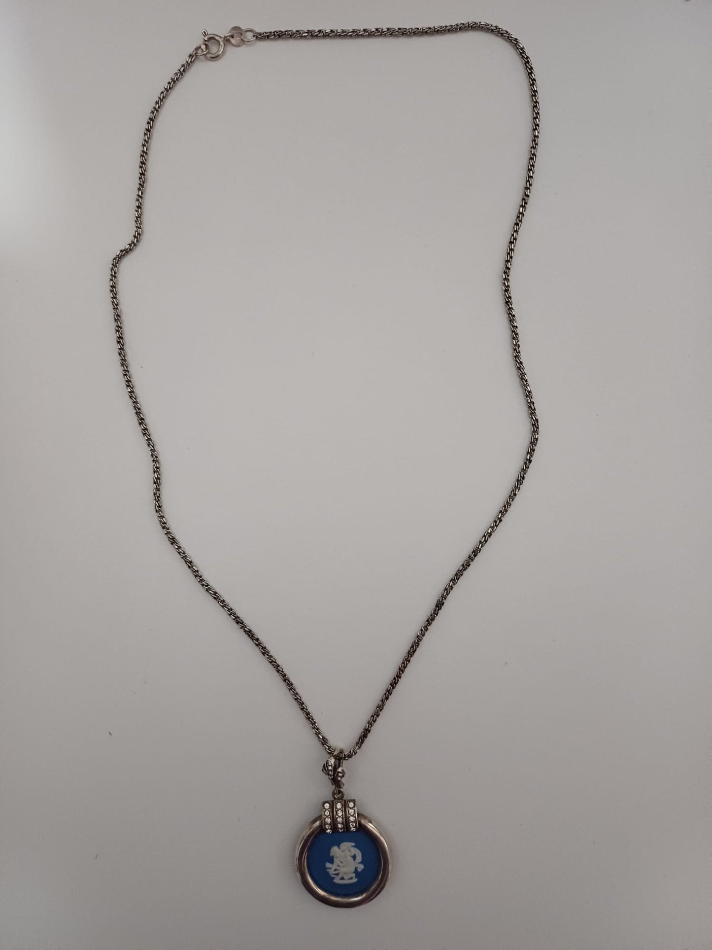 Women's Pendant Necklace Wedgwood Jasperware Sterling Silver Blue Cameo Crystal Vintage Approx. 45.5cm - Very Good Condition