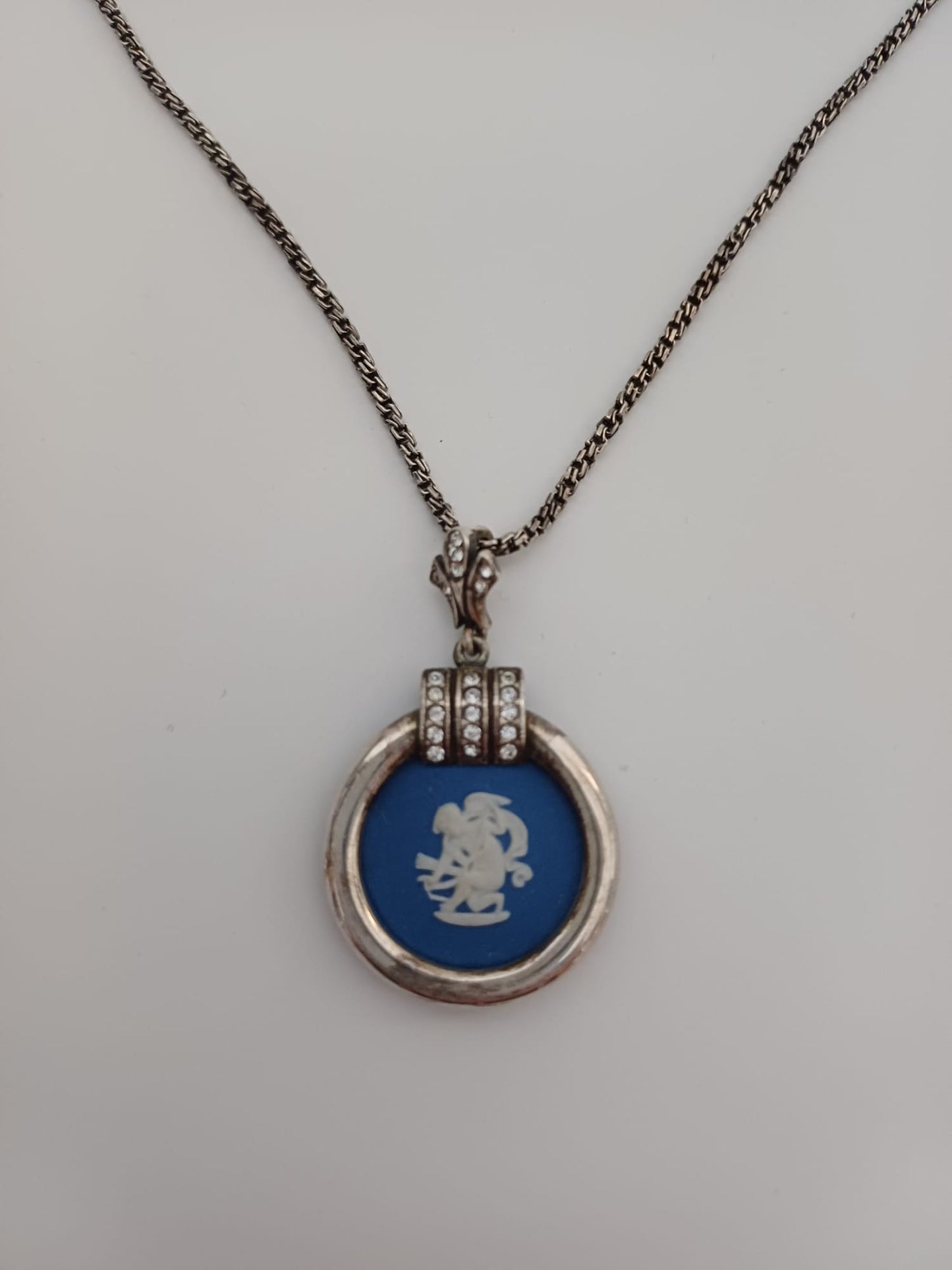 Women's Pendant Necklace Wedgwood Jasperware Sterling Silver Blue Cameo Crystal Vintage Approx. 45.5cm - Very Good Condition