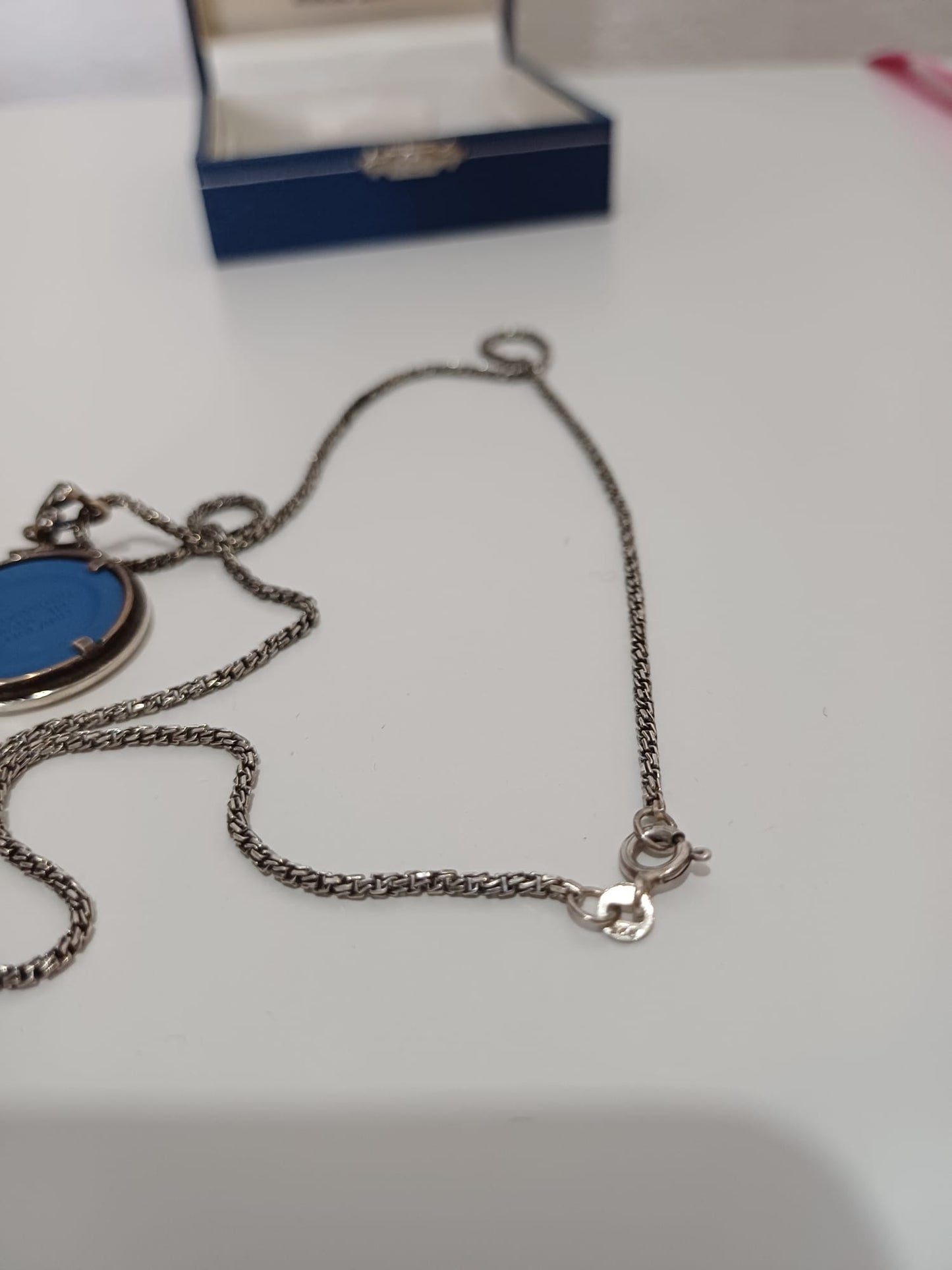 Women's Pendant Necklace Wedgwood Jasperware Sterling Silver Blue Cameo Crystal Vintage Approx. 45.5cm - Very Good Condition